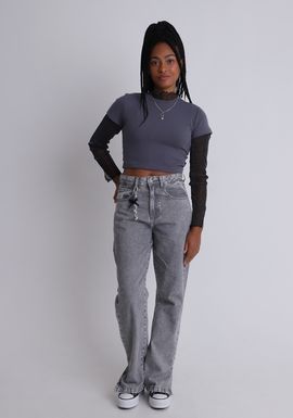 Calça jeans cinza reta cintura alta