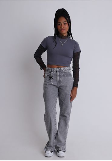 Calça jeans cinza reta cintura alta
