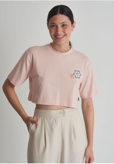 Camiseta cropped em algodão com estampa florzinhas