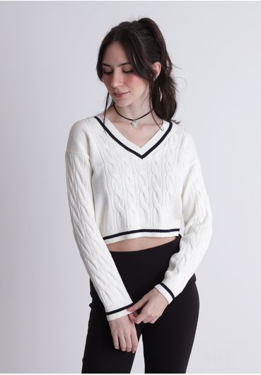 Blusão tricot gola v  detalhe  frontal