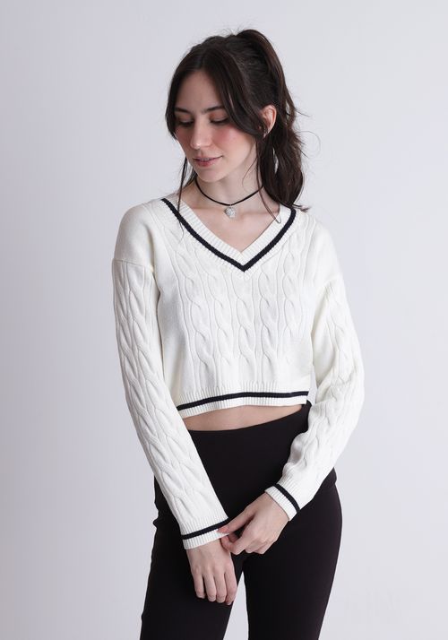 Blusão tricot gola v  detalhe  frontal