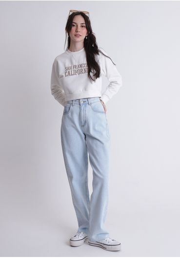 Calça jeans blue claro reta cintura alta