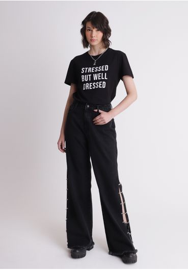 Calça jeans wide leg cintura alta abertura lateral