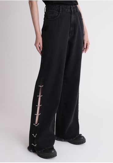 Calça jeans wide leg cintura alta abertura lateral