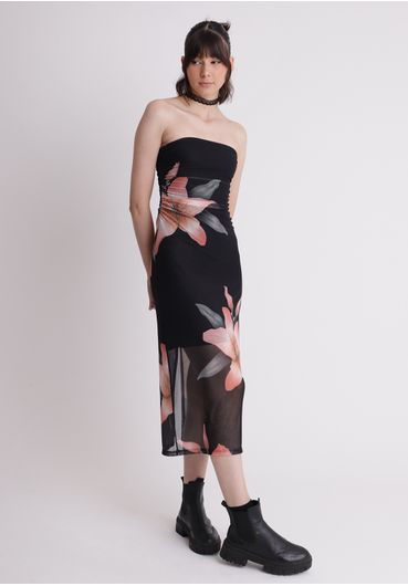 Vestido midi em tule sem alça