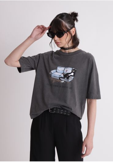 Camiseta em Algodão Lavado Estampa Gato Too Busy