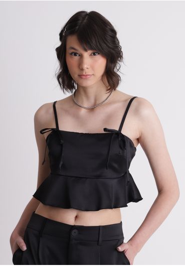 Top cetim com laços e detalhes de peplum