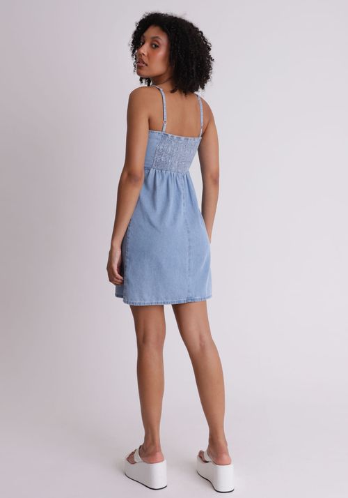 Vestido jeans curto com lacinhos